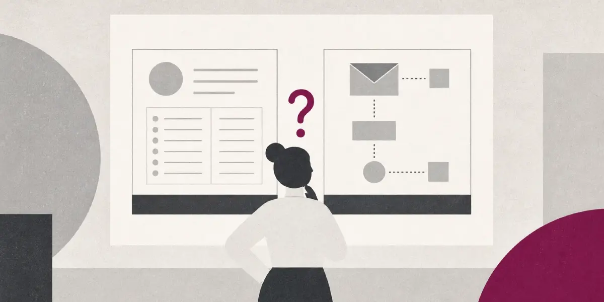 a person confused between CRM and marketing automation